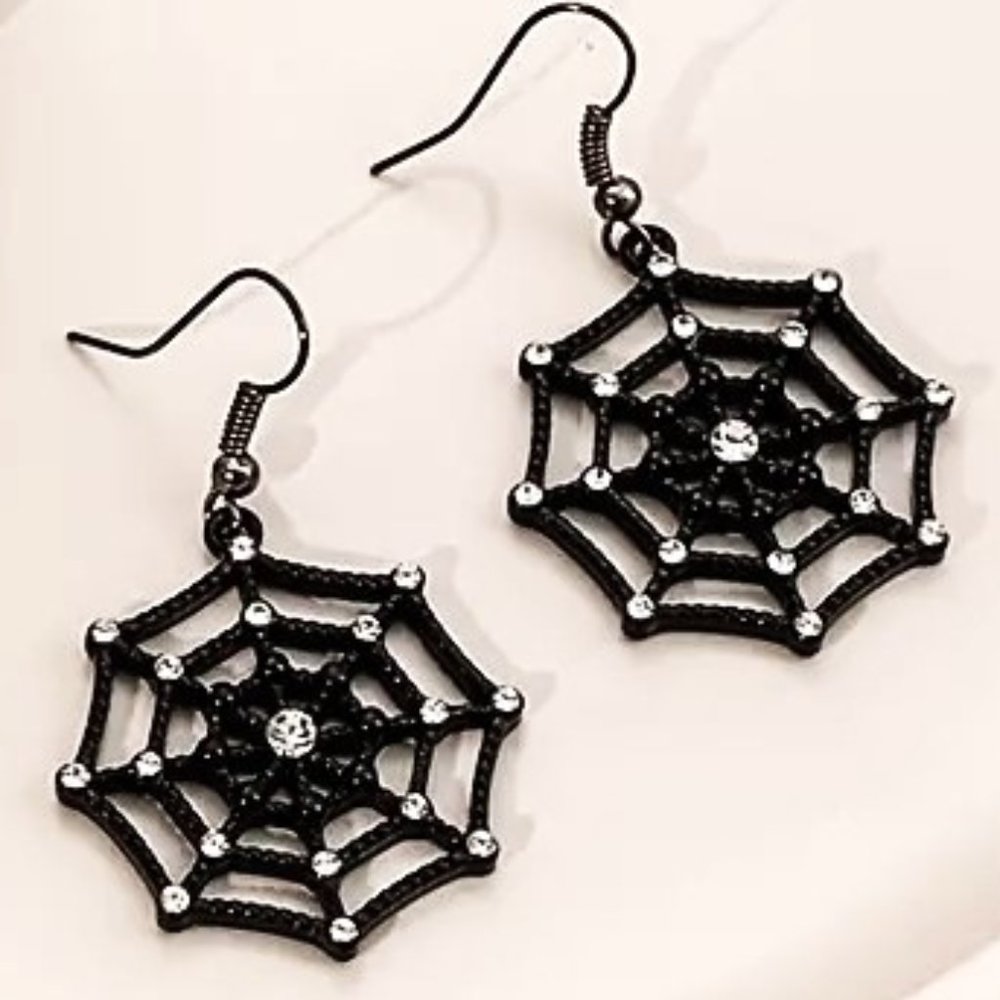 Spider Web Earrings Rhinestones Halloween Dangle Goth Emo Scene Rave Black Edgy